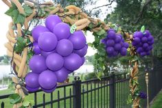 some purple balloons hanging from a black fence with green leaves and vines on it's sides