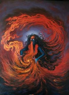 a painting of a woman with fire in her hair and body, surrounded by flames