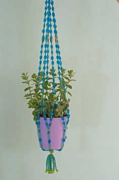 a potted plant with beads hanging from it's side on a hook in the wall