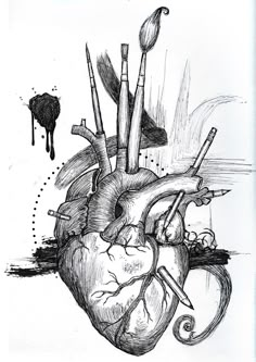 a drawing of a human heart with paintbrushes and an arrow sticking out of it