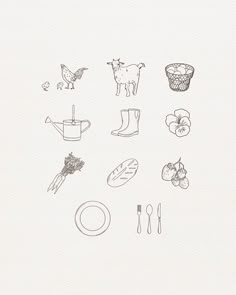 a drawing of farm related items on white paper