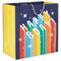 a colorful shopping bag with the words happy boy on it and stars in the sky