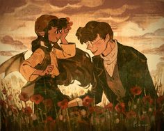 a painting of two people in a field with red flowers