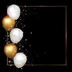 gold and white balloons with confetti on black background for new year's eve celebration