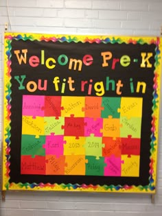 a bulletin board that has been decorated with colorful pieces of paper and the words welcome perk you're right in