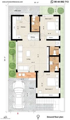 a floor plan for a house with three bedroom and an attached living room, including a garage