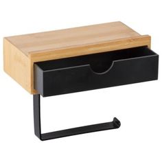 a black drawer with a wooden top and metal handles