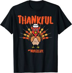 a black t - shirt with an image of a turkey saying, thank for thanksgiving