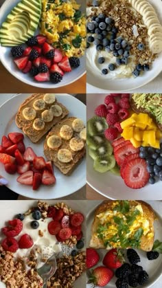 four pictures of different types of food on white plates with fruit and yogurt