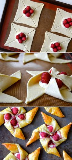 some food is being made and ready to be eaten with raspberries on top