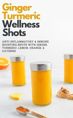 an ad for the ginger turmetic wellness shots campaign with oranges and spices