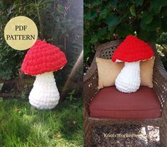 two crocheted mushrooms sitting on top of a chair in the grass next to each other