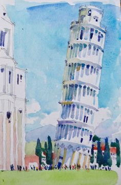 watercolor painting of the leaning tower of pisa