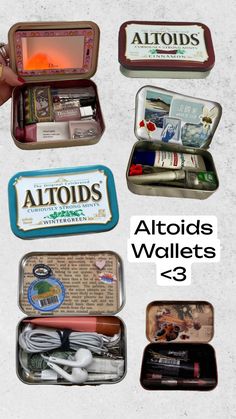 an assortment of various items in tins with the words altoids wallets printed on them