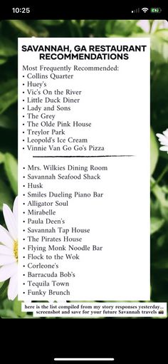 the savannah restaurant menu is shown on an iphone screen, with flowers in the background