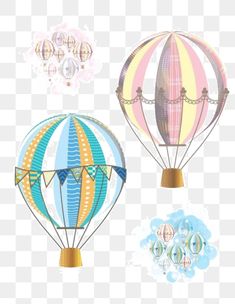 two hot air balloons flying in the sky with bubbles and circles around them on a white background