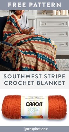 an orange crochet blanket with text that reads, free pattern southwest stripe crochet blanket