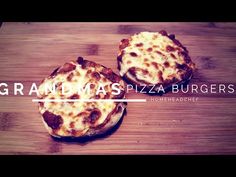 two pizzas sitting on top of a wooden cutting board with the words grandma's pizza burgers