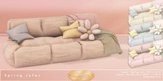 a couch with pillows and blankets on it in front of a pink wall that says spring lotus