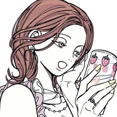 a drawing of a girl holding a cell phone with strawberries on it's screen