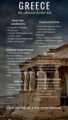 the greek travel guide is shown with information about its locations and attractions, including statues