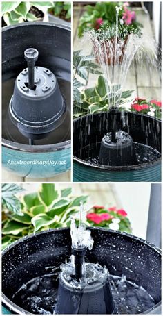 an outdoor fountain with water spouting from it's sides and flowers in the background