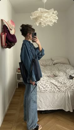 Formal Fashion Aesthetic, Demin Button Down Shirt Outfit, Dark Denim Jacket Outfit Aesthetic, Haute Couture Aesthetic Outfits, 86 Degree Weather Outfits, Non Casual Outfits, Wider Hips Outfits, Film Set Outfit, Big Button Down Shirt Outfits