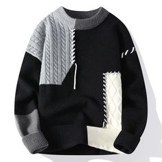 Male Jumper, Mens Fall Outfits, Mens Knit Sweater, Mode Tips, Mens Fashion Sweaters, Patchwork Sweater, Slim Fit Sweater, Pullover Mode, Korean Streetwear