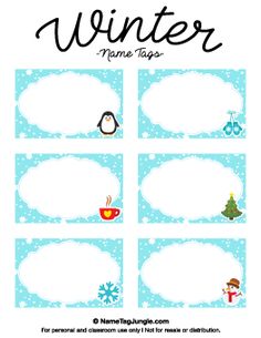 printable winter name tags with penguins and snowflakes in the background for kids to use