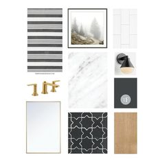 a bathroom design board with black, white and gold accents on the wall above it