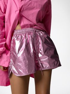 Cropped style swim shorts in metallic foil finish. A range of stunning bright metallic colors. Model is in MINUSEY S. ✔️ Free worldwide express shipping over $100✔️ Loved by 6,500+ customers✔️ Limited edition collections, maximum style⠀⠀⠀⠀⠀⠀⠀⠀⠀Stay ahead of the trend with can’t-find-anywhere-else staples. Your closet will thank you 💕 * MINUSEY S = EU 34, US 2* MINUSEY M = EU 36, US 4* 80% Nylon / 20% Polyester* Dry clean* Made in Korea - Model Height: 170cm/5'7" (US2, EU34) Metallic Shimmer Summer Bottoms, Metallic Shimmer Bottoms For Summer, Metallic High-waisted Shorts For Summer, Casual Metallic Shorts, Metallic Short Bottoms For Summer, Casual Metallic Shorts For Spring, Shiny Summer Bottoms Shorts, Shiny Summer Shorts, Shiny Short Length Summer Bottoms