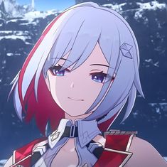 an anime character with blue hair and purple eyes, standing in front of snow covered mountains