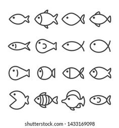 a set of different types of fish in line art style on white background with copy space for text