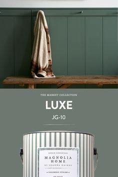 the paint colors are green, white and gray with text overlaying it that says luxury