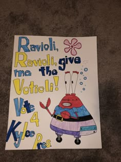 a poster with an image of a cartoon character in blue and purple on the front