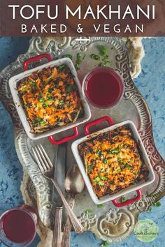 tofu makhani baked and vegan on a tray with sauces