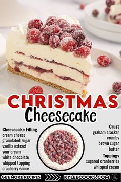 a piece of christmas cheesecake with cranberries and cream filling is on a white plate