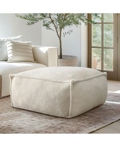 a living room filled with furniture and a tree in the middle of the room on top of a rug