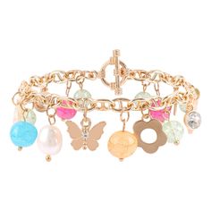 PRICES MAY VARY. ♥CUTE CHARM BRACELET♥The cute and unique charm bracelet consists of a gold chain bracelet with dangle shiny vibrant butterfly/flower/smiley face/leaf/pearl/ colorful round beads pendants. The adorable beaded bracelet is a sophisticated choice for the widest range of occasions, makes you more charming and stands out in the crowd, especially for summer, beach, holidays and vacations. ♥HIGH-QUALITY MATERIAL♥The charm bracelet is made of quality alloy, glass beads and pearl. Waterpr Cheap Playful Charm Bracelets, Cute Multicolor Charms Bracelets, Girls Gold Chain, Cute Multicolor Charms Bracelet, Trendy Things To Buy, Trendy Butterfly Charm Jewelry, Adjustable Cheap Kawaii Charm Bracelet, Italian Minimalism, Flower Smiley