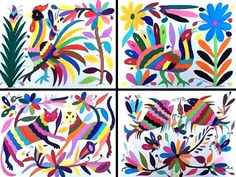 four different pictures of birds and flowers on white paper with blue, red, green, yellow, orange