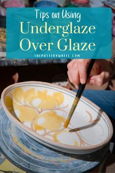 a person using a knife to cut up some food in a bowl with the words tips on using underglaze over glaze