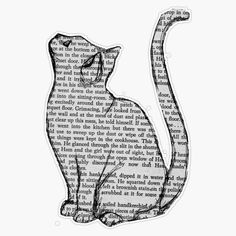 a black and white drawing of a cat sitting on top of an old book page