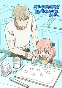 a man and a woman are making cookies in front of a table with stars on it