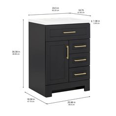 Add contemporary style to your bathroom with the Cauley 24.5-in black bathroom vanity with single-sink top. This freestanding vanity features a full-overlay Shaker-style profile in a dark black laminate finish that's accented by a soft white vanity top and sleek gold drawer and door handles for a contemporary look that complements any decor. Designed to maximize storage, this bathroom vanity includes 3 full-extension side drawers and a full-extension under-sink drawer with 3 compartments for convenient tucked-away storage. It also includes a soft-close 1-door under-sink cabinet for easy access to your plumbing and additional storage space. And at 24.5-in W x 18.75-in D x 35.39-in H, this pre-assembled bathroom vanity is ideal for adding style and storage in small bathrooms or powder rooms. Black Cabinet Bathroom, Sink Drawer, Under Sink Drawer, Black Cabinets Bathroom, Black Bathroom Vanity, Black Vanity Bathroom, Under Sink Cabinet, Side Drawers, Freestanding Vanity