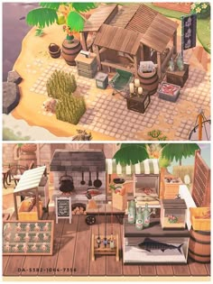 two different views of an outdoor kitchen and living room in the game animal crossing, which is