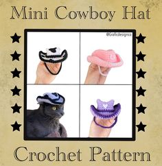 four different hats are shown with stars in the background and text that reads mini cowboy hat crochet pattern