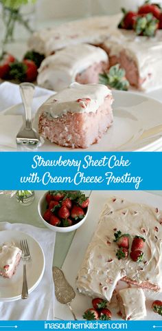 strawberry sheet cake with cream cheese frosting and strawberries on the plate next to it