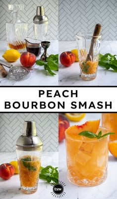 peach bourbon smash recipe with fresh peaches and basil