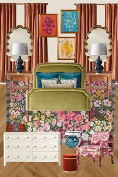 an image of a bedroom setting with flowers on the wall and furniture in the room