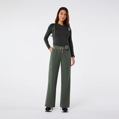 Official FIGS® Scrubs. Ridiculously Soft Scrubs Designed Just For You. Get Free Shipping On Orders $50+! | FIGS Womens Moss High Waisted Isabel Wide Leg - Tall Scrub Pant Wide Leg Scrub Pants, Fig Scrubs, Scrubs Pants, Leg Scrub, Green Fig, Figs Scrubs, Team Usa, Scrub Pants, Flare Pants